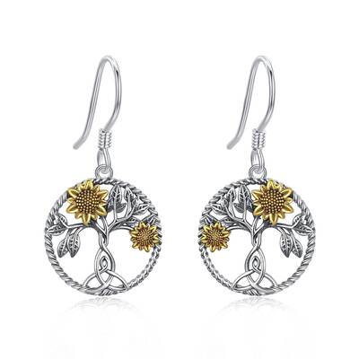 Sterling Silver Two-tone Sunflower & Tree Of Life Drop Earrings