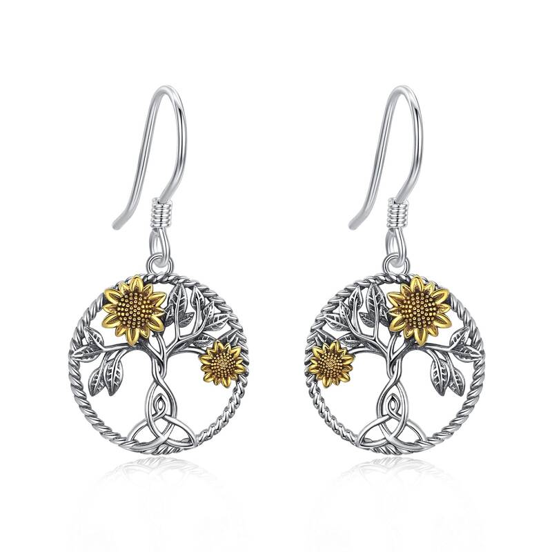 Sterling Silver Two-tone Sunflower & Tree Of Life Drop Earrings