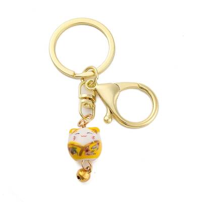 Fortune Cat Porcelain Pendant Keychain