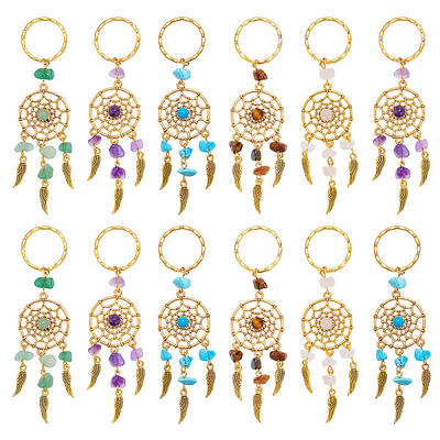 12Pcs Woven Net/Web with Feather Natural & Synthetic Gemstone Pendant Keychain