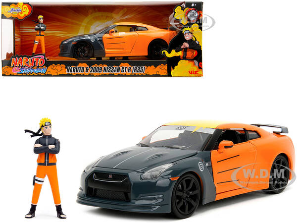 2009 Nissan GT-R (R35) Orange and Dark Gray with Yellow Top and Graphics and Naruto Diecast Figure \