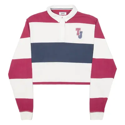 TOMMY JEANS Cropped Womens Polo Shirt Cream Striped Long Sleeve S