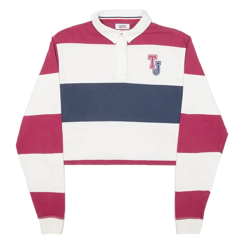 TOMMY JEANS Cropped Womens Polo Shirt Cream Striped Long Sleeve S