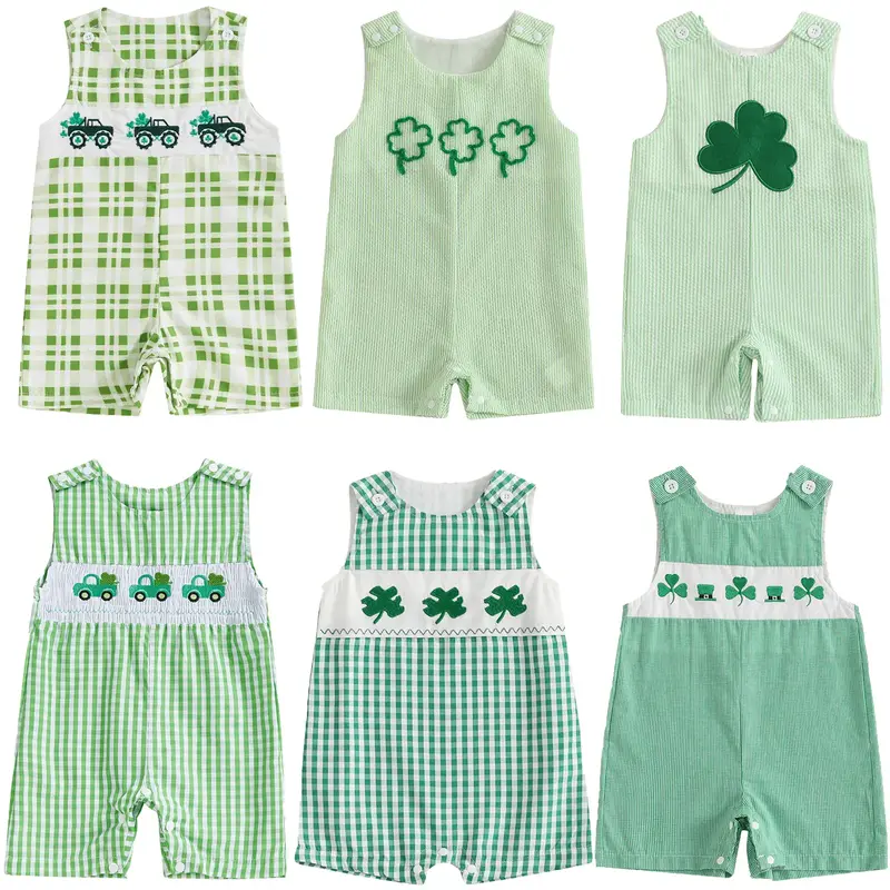 Toddler Baby Boy Girl St. Patrick's Day Clothes Sleeveless Smocked Romper Jumpsuit Overall Newborn Infant Clothing Spring Sum...
