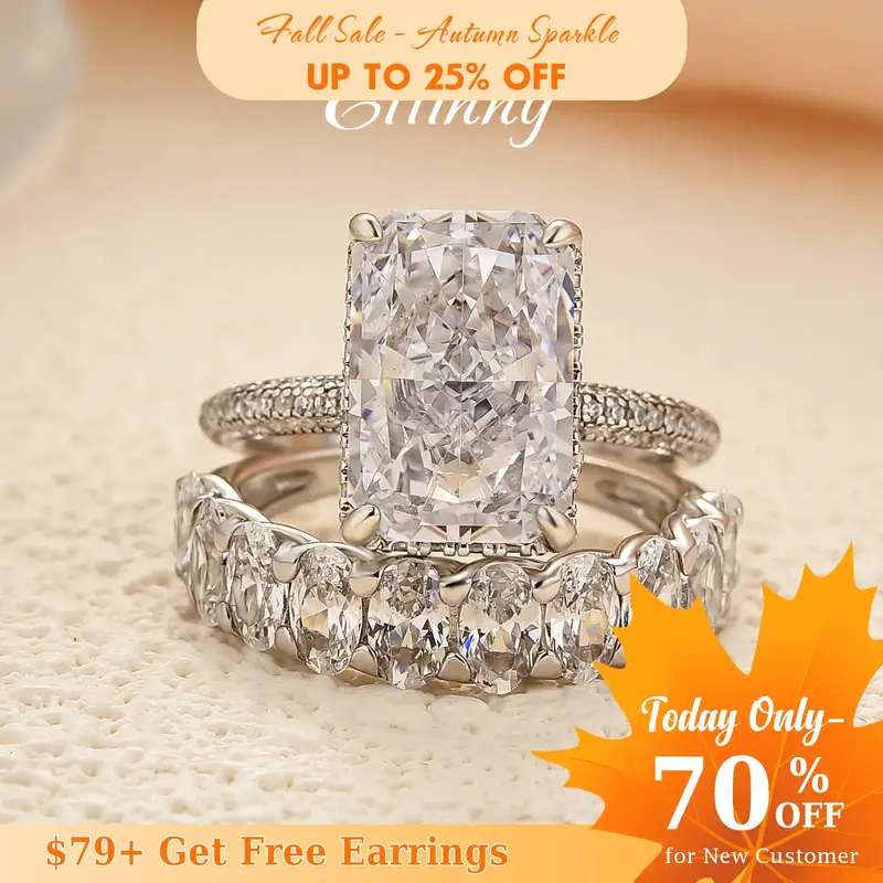 Effinny Jewelry 6.0ct Radiant Cut Wedding Ring Set, 925 Sterling Silver Promise Ring, 5A Cubic Zirconia Bridals Ring for Wome...