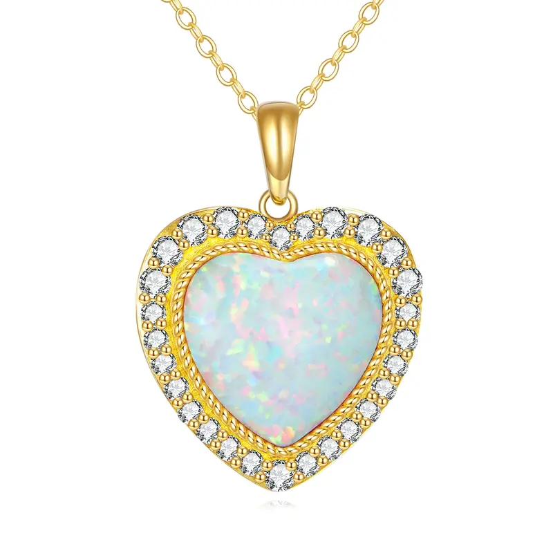 14K Gold Cubic Zirconia & Opal Heart Pendant Necklace