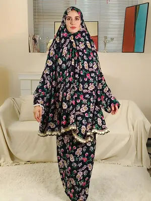 Two-piece Set Women's Floral Print Contrast Lace Batwing Sleeve Hooded Hijab Abaya & Skirt Set, Modest Casual Maxi Muslim Ski...