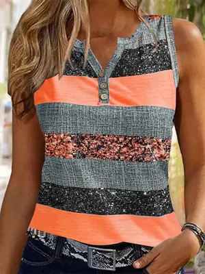 Women's Colorblock Striped Print Notched Neck Tank Top, Casual Sleeveless Button Front Top for Summer, Ladies Clothes for Dai...