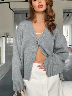 V-Neck Pocket Women's Long Sleeve Knit Sweater Open Front Cardigan Button Loose Outerwear