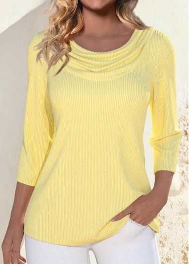 Modlily Light Yellow 3/4 Sleeve Draped Neck T Shirt - XL