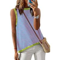 Dokotoo Womens Summer Tops 2025 Casual Striped Color Block High Neck Tank Top Loose Knit High Low Sleeveless Shirts Blouses