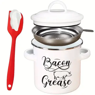 Bacon Grease Container with Strainer - 46OZ Large Capacity, Silicone Spatula, Red Enamel Bacon Grease   Container  Rustic  Ke...