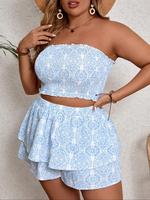【Plus Size】Ethnic Pattern Crop Tube Top & Shorts Two-piece Set, Boho Fashion Casual Fitted Top & Shorts for Daily Holiday...