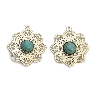 Brass Pave Dyed Synthetic Turquoise Flower Pendants