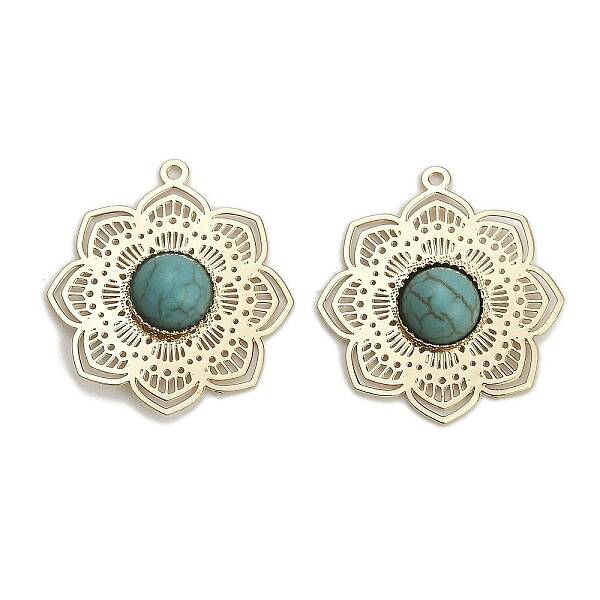 Brass Pave Dyed Synthetic Turquoise Flower Pendants