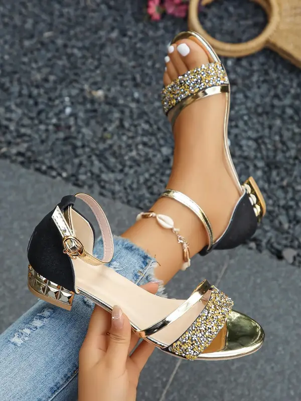 Women's Fashionable Rhinestone Decorated Buckle Strap Sandals, Casual and Versatile Sandals for Women 2024 Summer, Lightweigh...