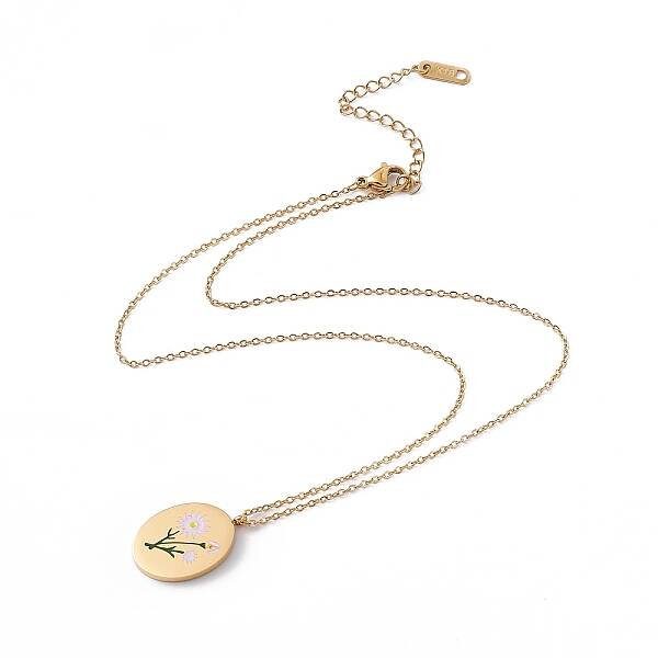 Enamel Oval with Birth Flower Pendant Necklace