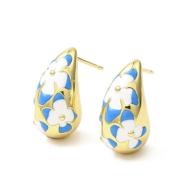Teardrop with Flower Real 18K Gold Plated Brass Enamel Stud Earrings