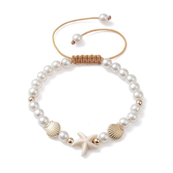 Adjustable Synthetic Turquoise & ABS Plastic Pearl Braided Bead Bracelet