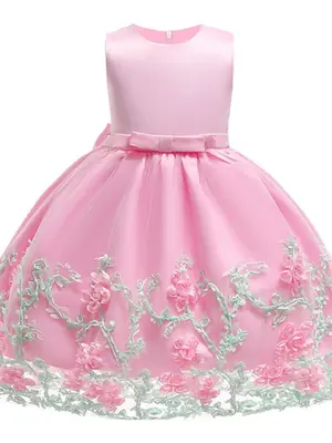 Girl's Floral Appliques Big Bow Decor Fit and Flare Dress, Elegant Sleeveless Round Neck Contrast Mesh Dress for Party, Kids ...