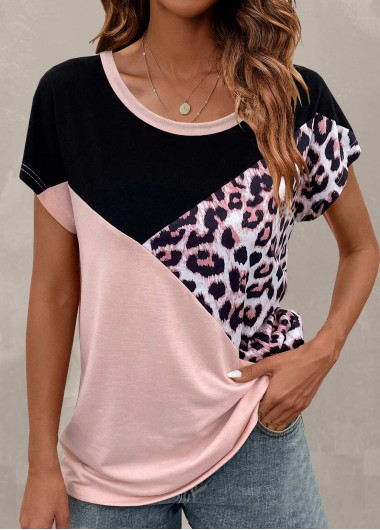 Modlily Light Pink Leopard Short Sleeve T Shirt - XL