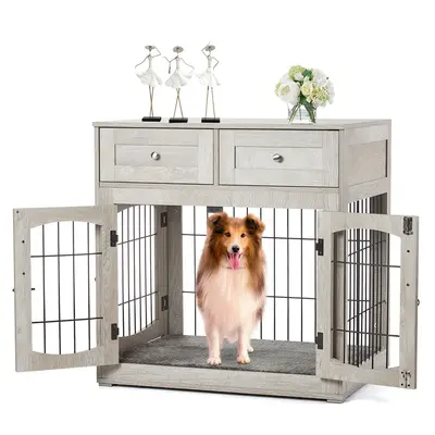 Dog Crate Furniture with 3 Doors, 39.4'' Large 2 Drawer & Cushion, Wooden House Kennel for Medium/Large Dog, Dog Table Up to ...
