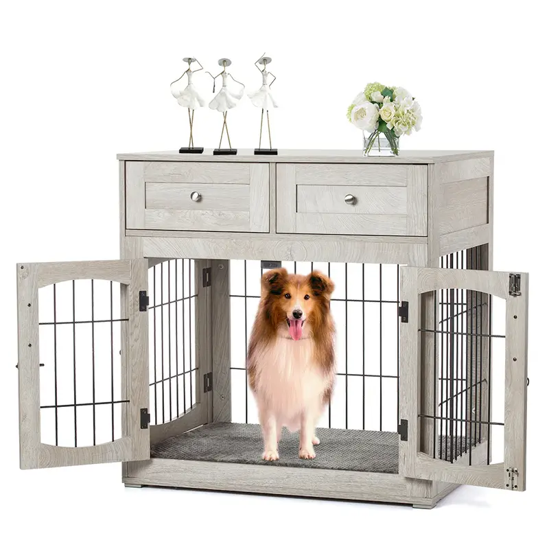 Dog Crate Furniture with 3 Doors, 39.4'' Large 2 Drawer & Cushion, Wooden House Kennel for Medium/Large Dog, Dog Table Up to ...
