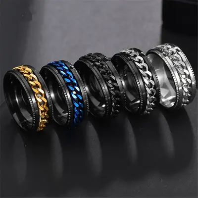 Men's Vintage Stainless Steel Link Ring Simple Punk FashionChain Turnable Ring Jewelry