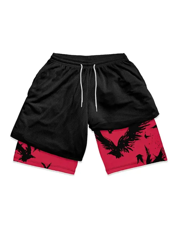 Men's Colorblock & Crow Print Drawstring Waist 2 In 1 Track Shorts, Regular Fit Casual Soft Comfy Straight Leg Shorts, Summer...