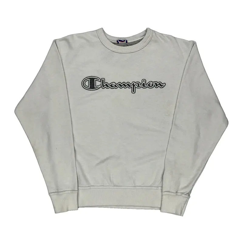 Champion Spellout Sweatshirt - Medium White Cotton Blend