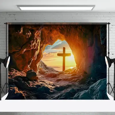Aperturee Rugged Cave Sunset Cross Scenery Easter Backdrop, 3X2FT(1MX0.6M), 14 USD, easter backdrops, NYHD6I17-M
