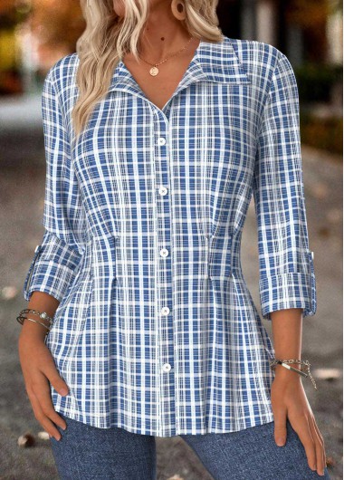 Modlily Blue Tummy Control Plaid Long Sleeve Shirt Collar Blouse - XXL