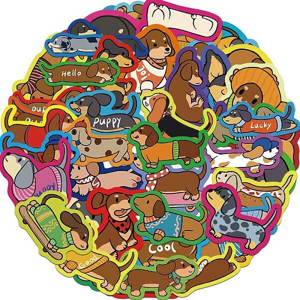 50Pcs Cute Dachshund PVC Waterproof Stickers