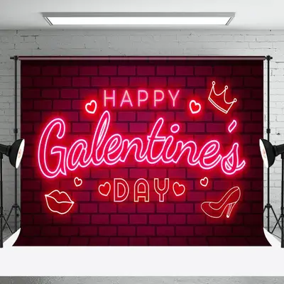 Red Bricks Wall Neon Happy Galentines Day Backdrop - Aperturee