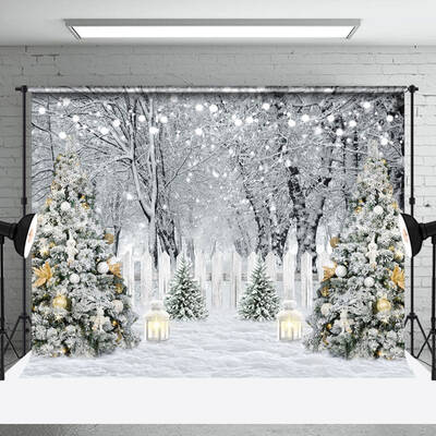 Aperturee White Snowy Forest Scene Fence Xmas Trees Backdrop