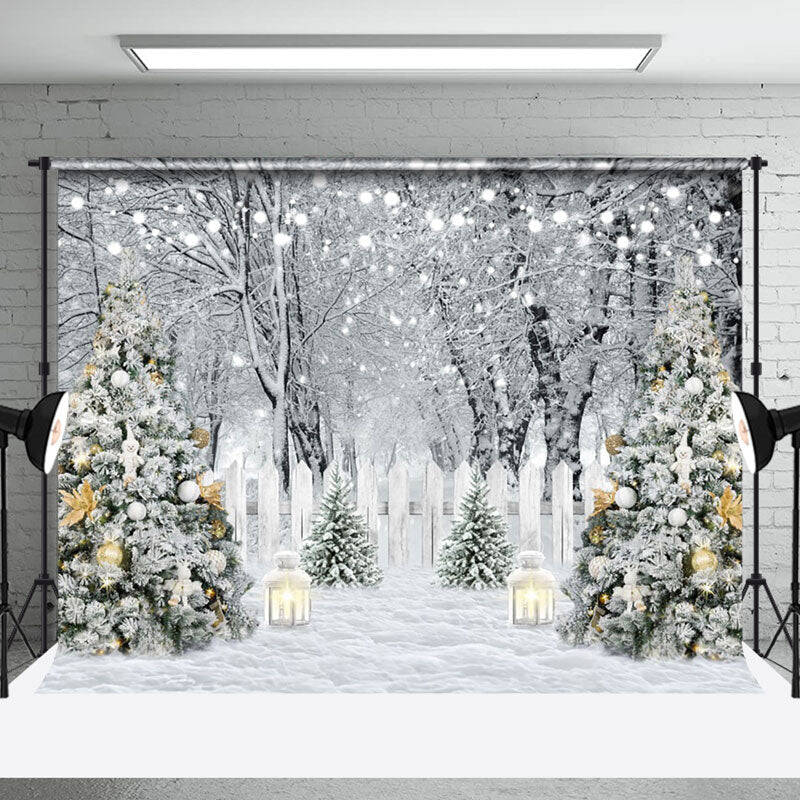 Aperturee White Snowy Forest Scene Fence Xmas Trees Backdrop