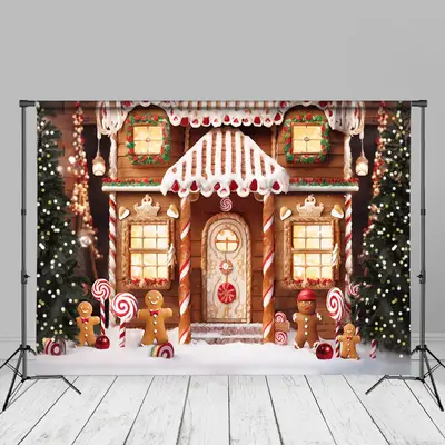 Christmas Tree Bokeh Candy Gingerbread House Backdrop - Aperturee