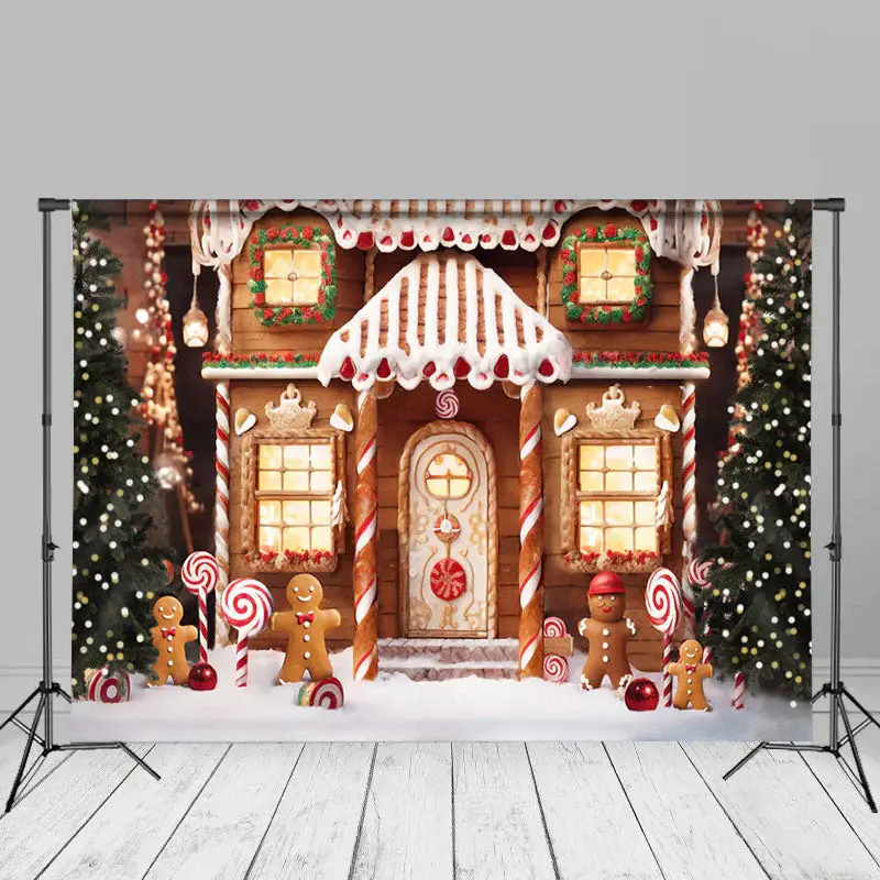 Christmas Tree Bokeh Candy Gingerbread House Backdrop - Aperturee
