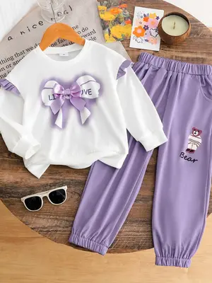 Girl's Bow Print Sweatshirt & Elastic Waist Pants Set, Cute Long Sleeve Round Neck Pullover & Trousers for Spring & Fall, Kid...