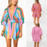 Women's Summer Short Boho Jumpsuit Long Sleeve Sexy Deep V Neck Stripe/Floral Print Playsuit for Daily Streetwear Going Out