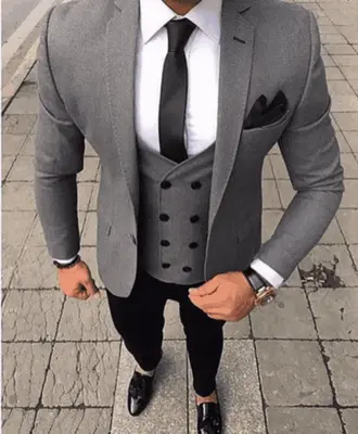 Grey Suit Black Pants -Satin Peak Lapel