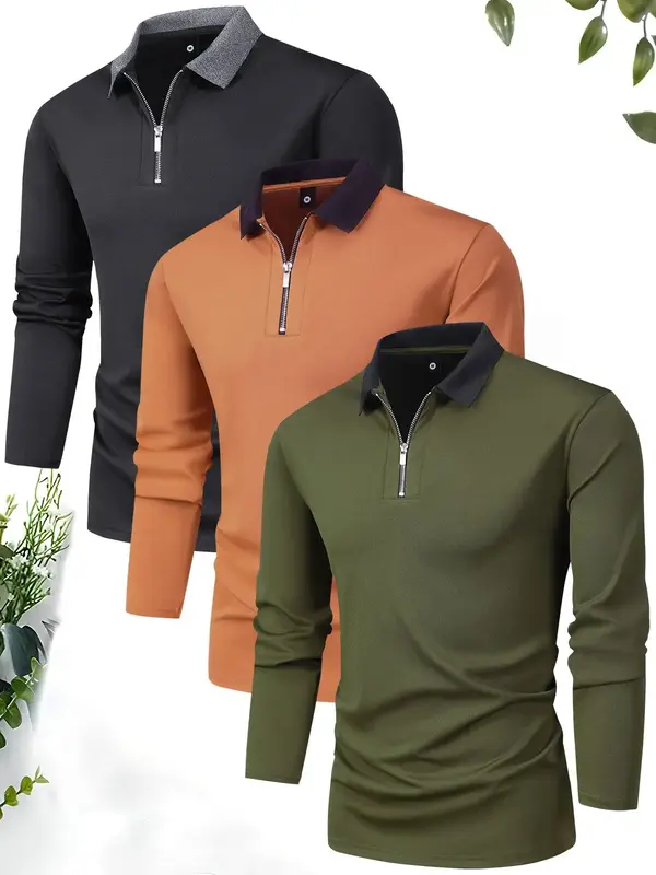 Men's Colorblock Zipper Polo Shirt, Casual Longsleeves Collared Top, Men's Clothes for Daily Menswear, Boyfriend Gifts, Dripp...
