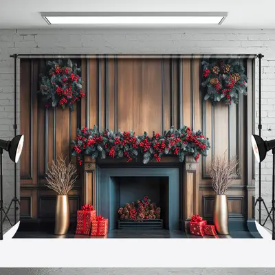 Aperturee Poinsettia Fireplace Winter Christmas Photo Backdrop | Xmas Backdrop | Christmas Background Photography | Christmas...