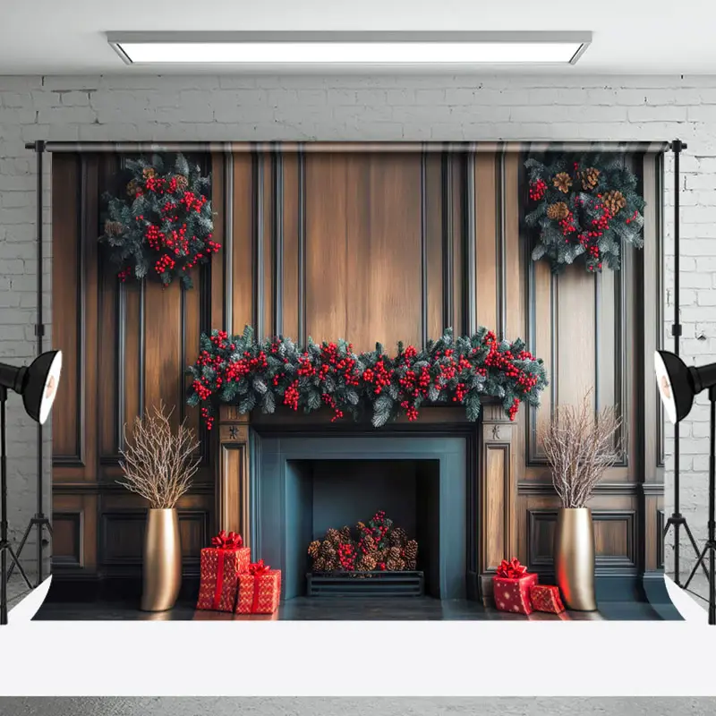 Aperturee Poinsettia Fireplace Winter Christmas Photo Backdrop | Xmas Backdrop | Christmas Background Photography | Christmas...