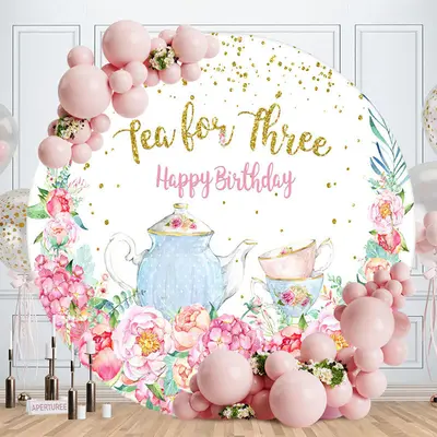 Tea For Three Flower Round Girls Birthday Backdrop - Aperturee