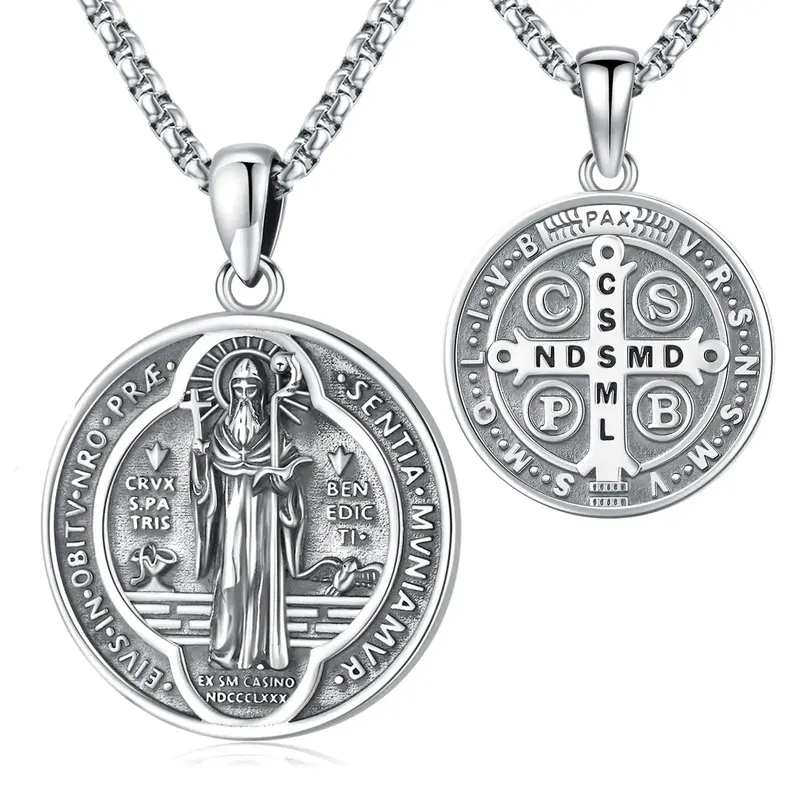 DRINSPER Medalla de San Benito Necklace 925 Sterling Silver Necklace, Saint Benedict Necklace, San Benito, Christian Medal fo...