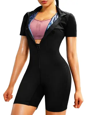 Women's Plain Zip Up Mock Neck Shapewear Romper, Casual One-piece Tummy Control Short Sleeve Shaper, Ladies Sauna Shapewear f...