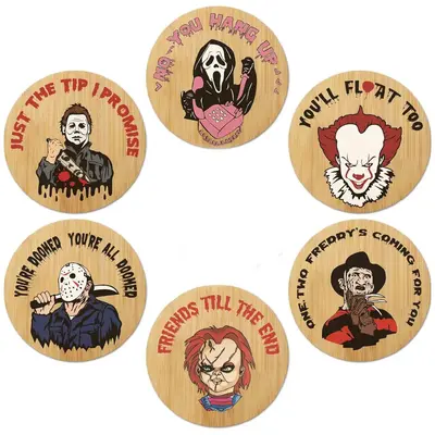 6-Piece Horror Movie Character Coaster Set, Unique Halloween Round Coasters for Party Decorations, Perfect for Coffee Tables ...