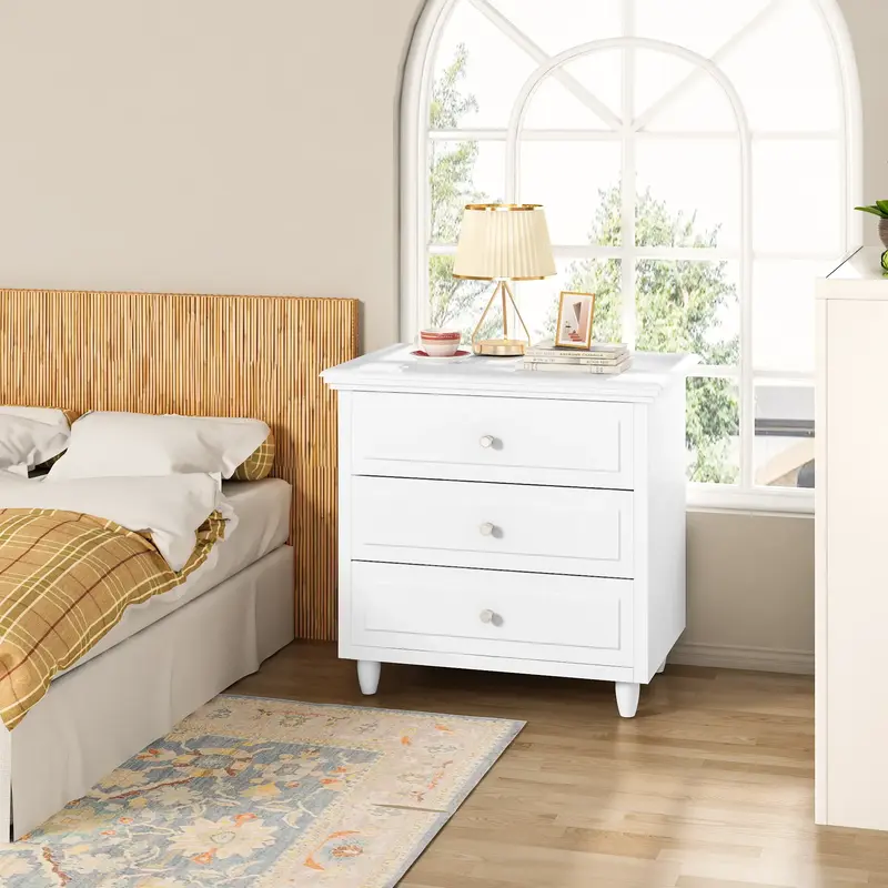 AWQM 3-Drawer Nightstand with Wood Legs - Modern White Dresser Bedside Table, Ideal for Bedroom & Living Room, 15.75\