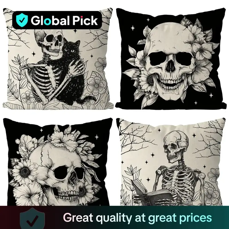 Halloween Pillow Cover Set, 18x18 Inch Skeleton Flower Design, Sofa Cushion Cases for Home Decor, Spooky Halloween Decoration